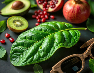 A dark surface showcases a leafy green, a halved avocado, a kiwi, a pomegranate, and a pair of wooden sunglasses.
