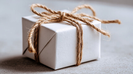 A simple white gift box tied with rustic twine, presented on a textured gray surface, evoking a sense of thoughtful giving and minimalist aesthetics.