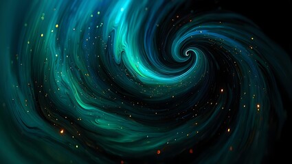 Abstract cosmic spiral with emerald green colors and sparkling golden dust
