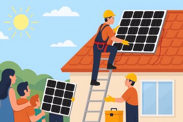 Solar panel installation illustration with workers on red roof and family watching in cheerful