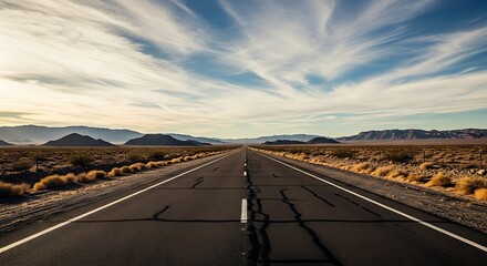 Fototapeta premium Endless Asphalt Road Through Desert Landscape Under Dramatic Sky.