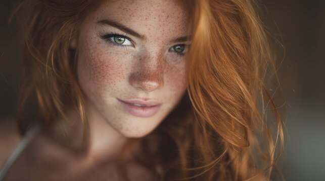 Portrait of a beautiful woman with red hair and freckles