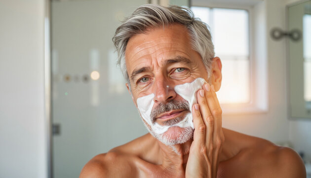 Elderly man applying shaving cream on his face in bathroom mirror