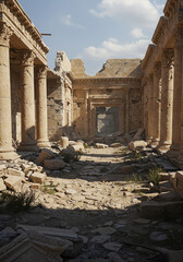 Ancient ruins with broken columns and scattered stones in archeological site