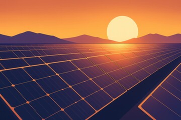 Solar farm illustration with rows of panels under vibrant sunset sky and mountains renewable energy