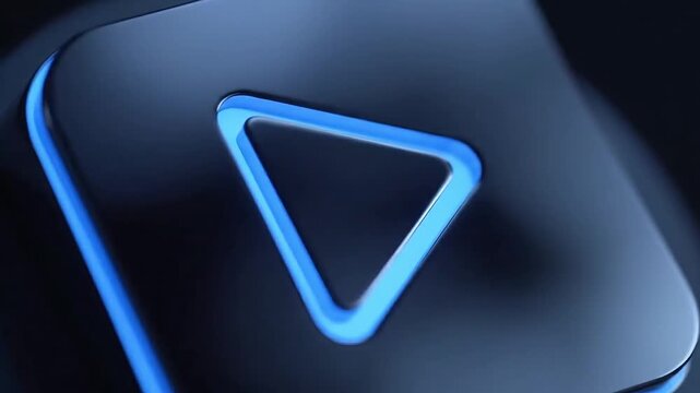 Modern play button glows invitingly in cool blue tones on sleek device for video start