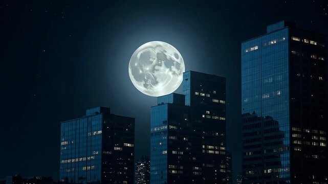 Full moon illuminates towering city skyscrapers under a dark night sky.