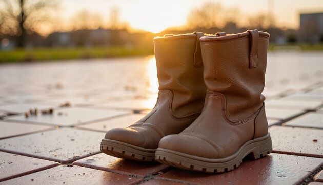Brown outdoor boots placed on wet tiles during sunset