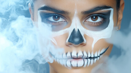 A person with striking skull face paint stares through swirling smoke, symbolizing death, danger, and the haunting effects of smoking, addiction, and toxic habits on human health.