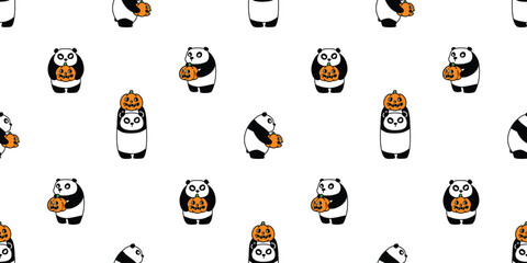 panda bear seamless pattern pumpkin halloween cartoon jack o lantern polar bear vector doodle teddy tile background gift wrapping paper scarf isolated repeat wallpaper illustration design
