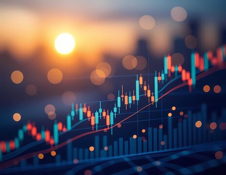 A powerful financial data graph showing a rising trend with bright red and blue bars
