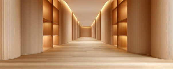  serene, modern interior hallway featuring wooden textures, warm lighting, and minimalist design elements.
