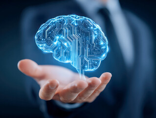 Businessman holding glowing digital brain hologram symbolizing artificial intelligence, technology innovation, and futuristic smart solutions in his open palm