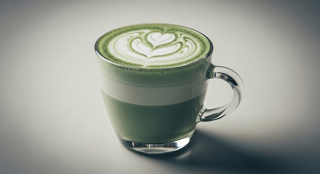 Delicate matcha latte art in clear cup, aesthetic beverage presentation