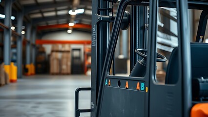 An industrial forklift in a warehouse setting with a blurred background.