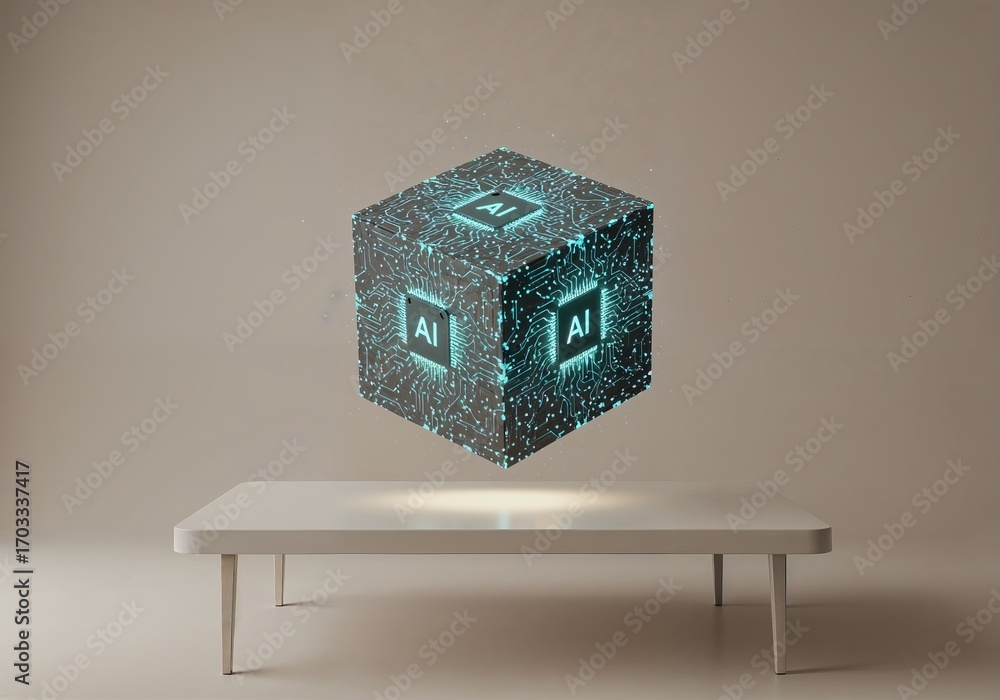 Poster floating holographic cube with ai glow on minimalist table