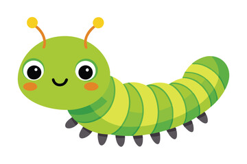 Smiling cartoon caterpillar features green and yellow segmented body with visible small feet and antennae, transparent background