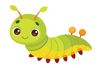 Happy green caterpillar with leaves on its head smiles sweetly with its big brown eyes