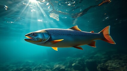 Fototapeta premium A trout swims gracefully in a clear stream, sunlight refracting through the water in cool blue tones.