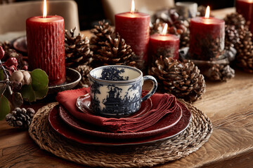 Fototapeta premium A rustic holiday table setting with candles and pine cones.