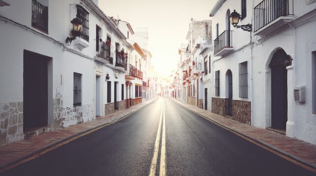 Sun-drenched asphalt road disappearing into a picturesque, sunlit alleyway between whitewashed buildings with traditional architecture, creating a sense of depth and serenity