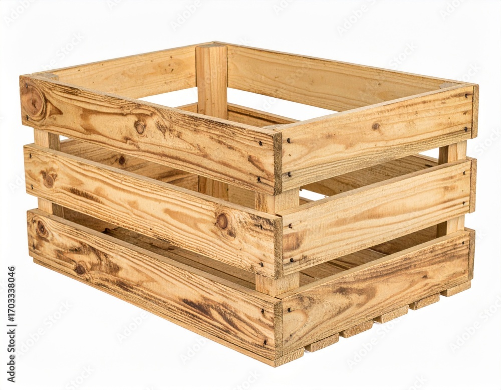 Poster empty wooden crate isolated on white background with natural pine texture and rustic design