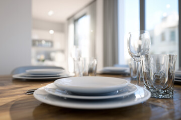 A modern dining room table with minimalist place settings.