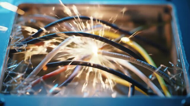 Electrical cables sparking in junction box with broken glass frame