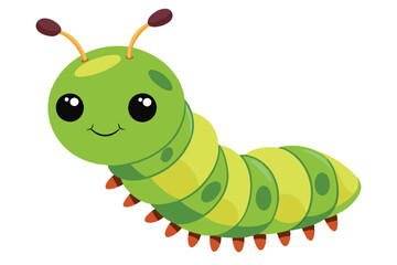 Cute green caterpillar with orange legs smiling sweetly on a white transparent background