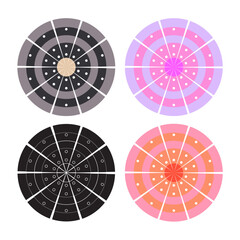 Four distinct circular designs, each segmented into radial and concentric sections, resemble stylized target patterns or intricate mandalas.