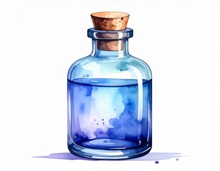 Glass Bottle with Blue Liquid and Cork Stopper in Watercolor Style on White Background
