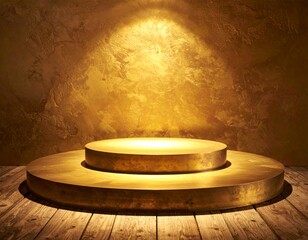 Golden Podium Under Spotlight on Wood Floor with Luxury Stage Platform and Textured Background