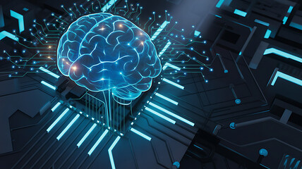 Futuristic glowing blue digital brain concept with circuits and data streams symbolizing artificial intelligence and advanced technology innovation