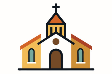 Simple church with a cross, orange roof, and brown door isolated on white