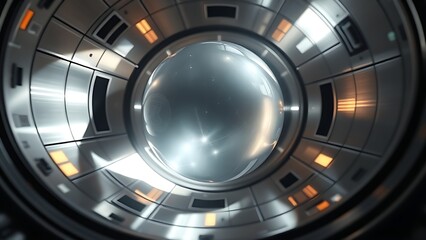 A shimmering, weightless liquid sphere floating inside a sleek, metallic spacecraft module with light reflections.