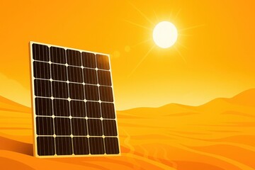 Digital illustration of solar panel in desert landscape with dunes, bright sun, warm gradient background