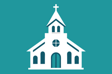 Minimalist white church building standing tall against an ocean green background in clear detail