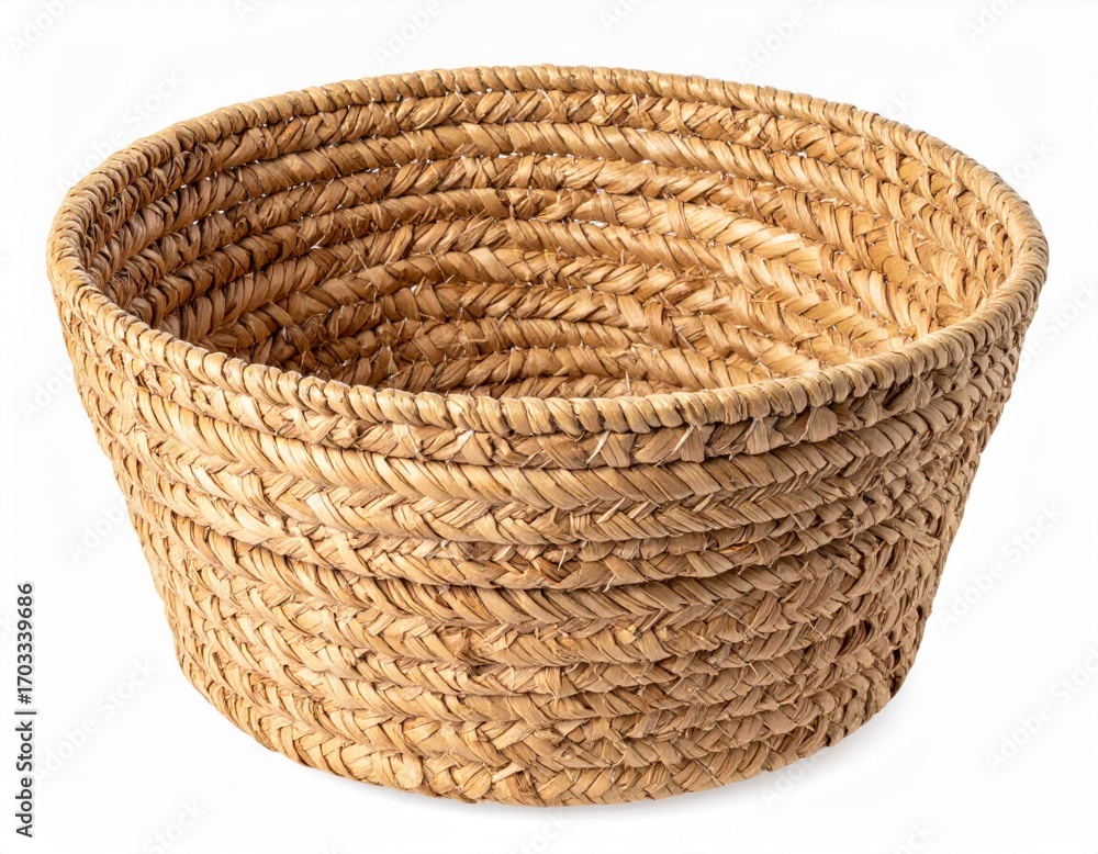 Poster empty round wicker basket with woven texture isolated on white background