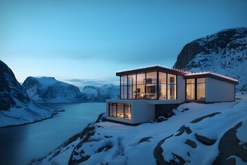 Modern house nestled in snowy mountains overlooking a serene winter landscape