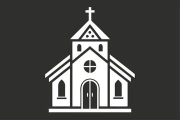 Simple white church icon features a cross on top against a dark backdrop