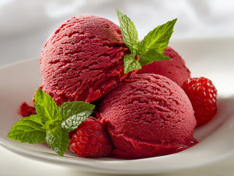 Three scoops of vibrant raspberry sorbet garnished with fresh green mint leaves and ripe raspberries on a white plate, showcasing a refreshing dessert presentation