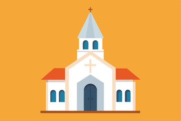 Simple church displays a cross on white walls against an orange background