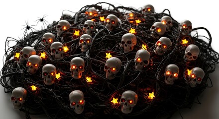Spooky skull string lights with glowing orange eyes and star accents create a terrifyingly festive Halloween atmosphere for parties and decorations