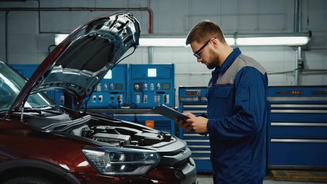 Vehicle Inspection by Mechanic: A skilled mechanic in professional attire conducts a thorough inspection of a vehicle's engine compartment.