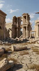 Ancient ruins with broken columns and scattered debris under a clear blue sky