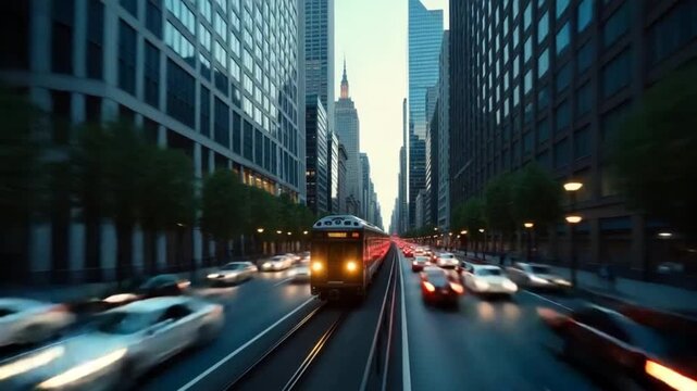 Time Lapse of Train Railroad View Driving Through Modern Urban City Buildings Business District In Rush Hour Traffic