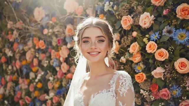 Bride in Bloom: A radiant bride glows amidst a backdrop of colorful flowers, embodying elegance, happiness, and the dawn of a new chapter in life.