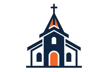 Minimalist navy and orange church silhouette presents a simple, elegant faith symbol against white