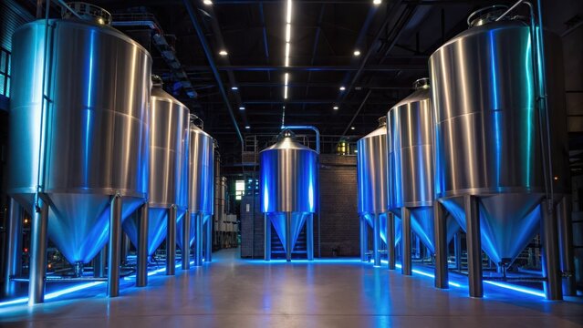 local brewery Industrial brewing facility with stainless steel tanks illuminated by blue lighting. - Powered by Adobe