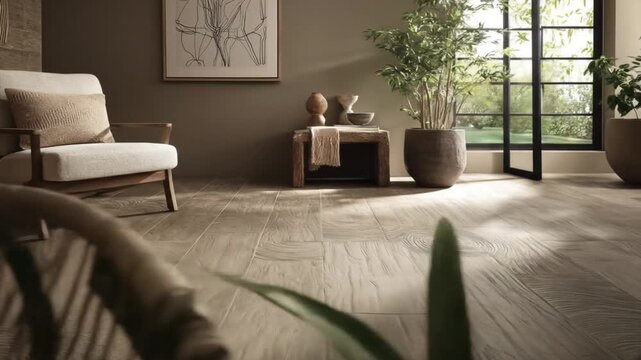 A stylish living room boasts a warm, wood-look floor and comfortable seating.